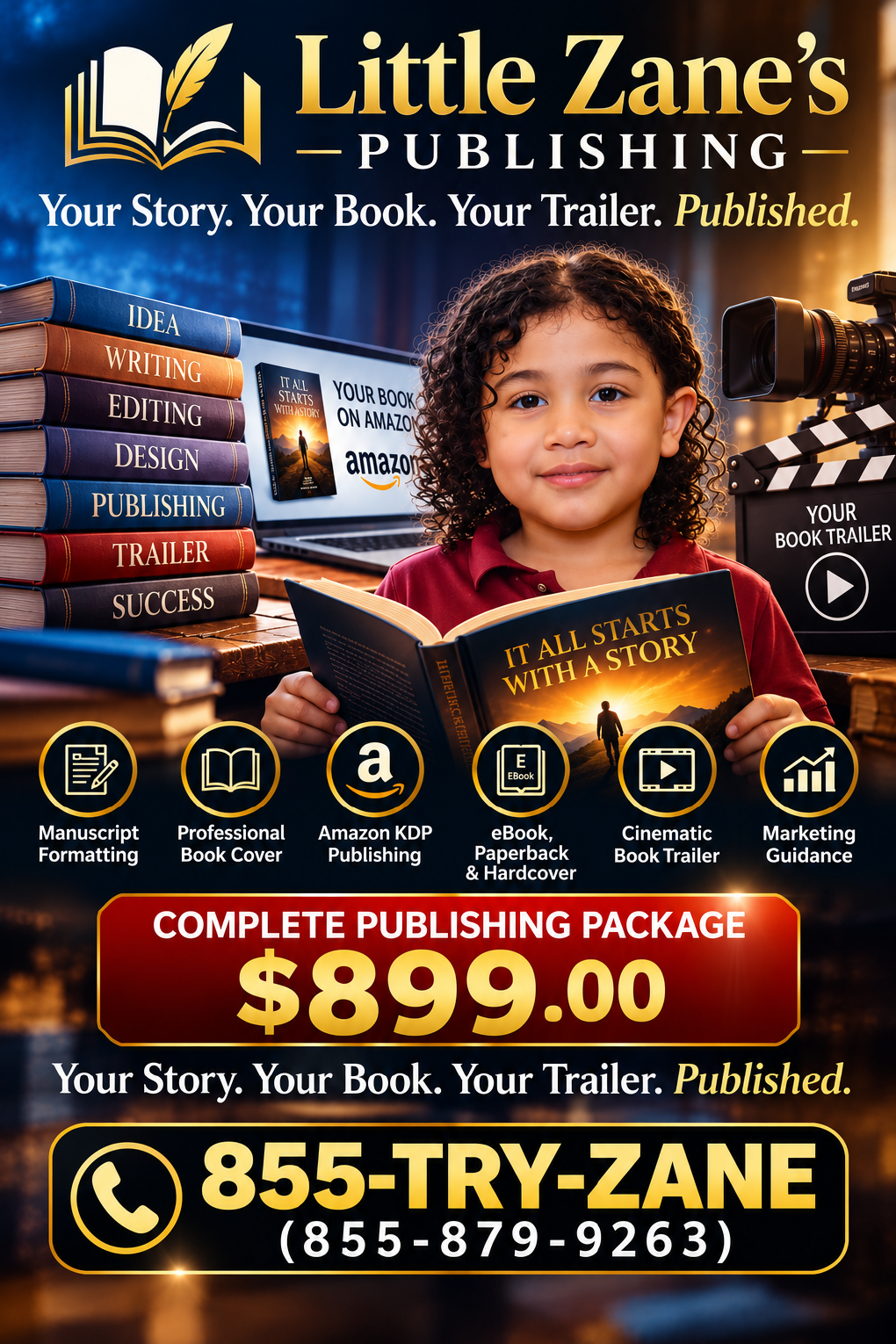 Little Zane’s Publishing promotional artwork showing the Complete Publishing Package for $899 and phone number 855-TRY-ZANE